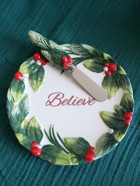 Fitz and Floyd 'Believe' Tartan Christmas Snack Plate with Spreader